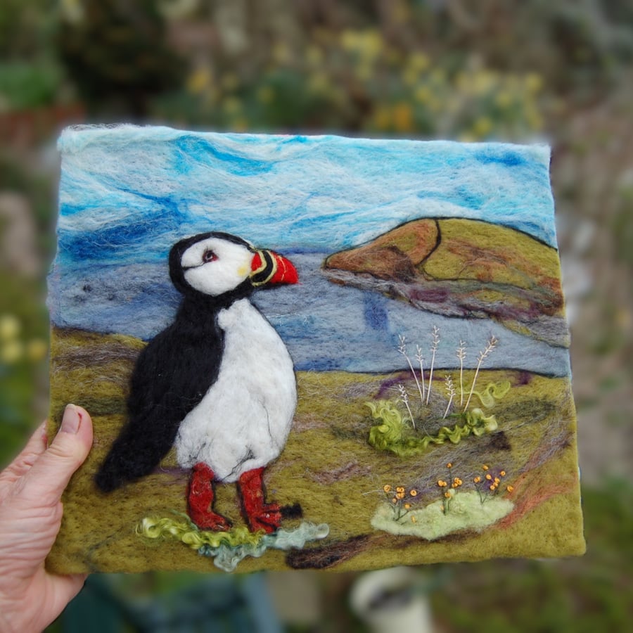  Puffin on the cliffs - Needle felt picture, textile art