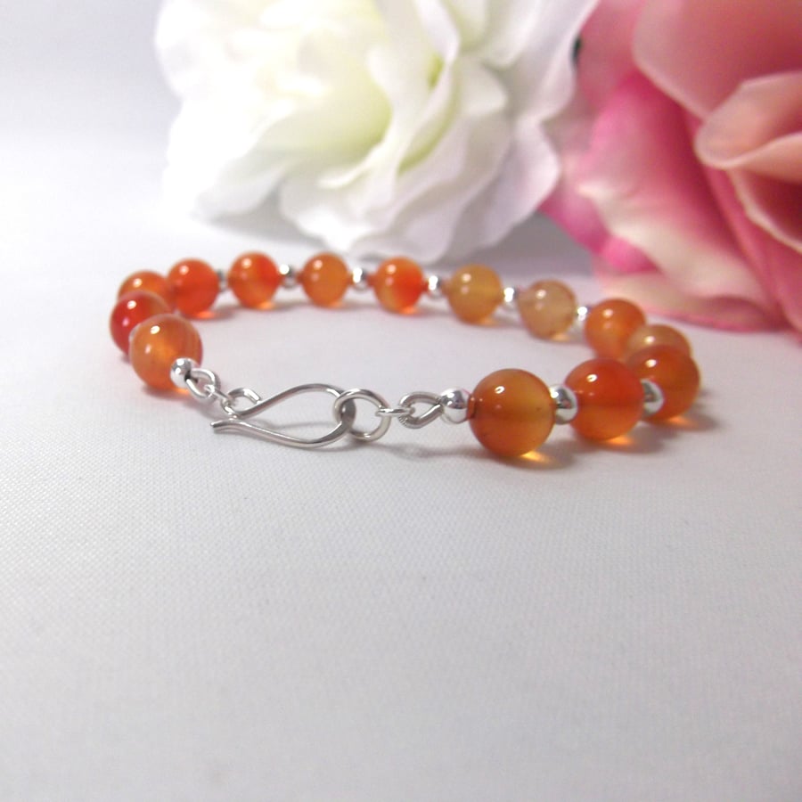 Carnelian gemstone and sterling silver bead bracelet recycled silver clasp