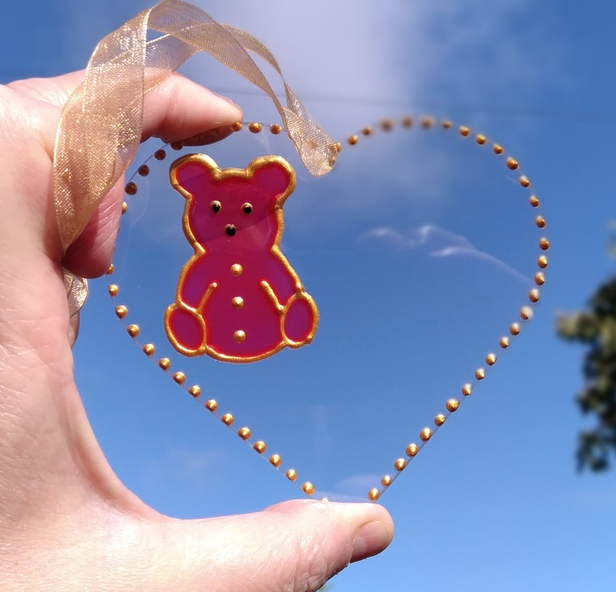 Baby girl, teddy bear sun catcher decoration. Baby gift. Christening gift