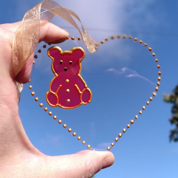 Baby girl, teddy bear sun catcher decoration. Baby gift. Christening gift