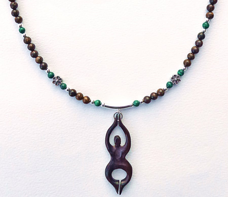 Goddess Necklace, Bronzite, Wood and Malachite with Sterling Silver