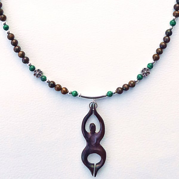 Goddess Necklace, Bronzite, Wood and Malachite with Sterling Silver