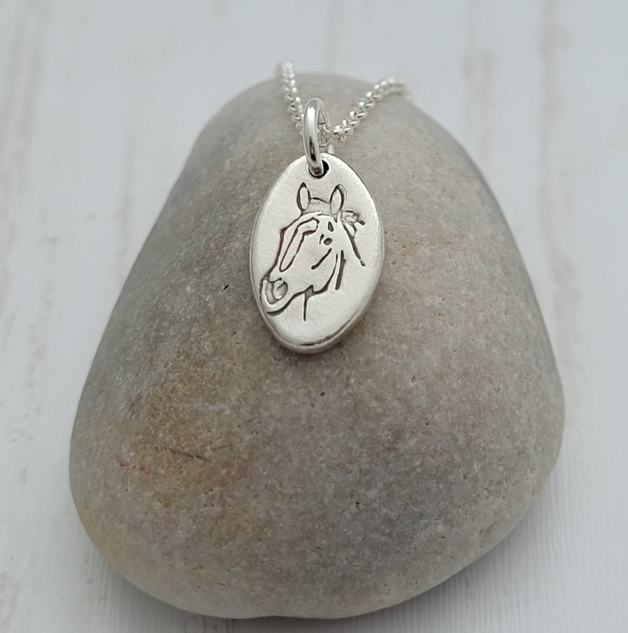 Oval Sterling Silver Horse Necklace,  Horse Lover Gift,