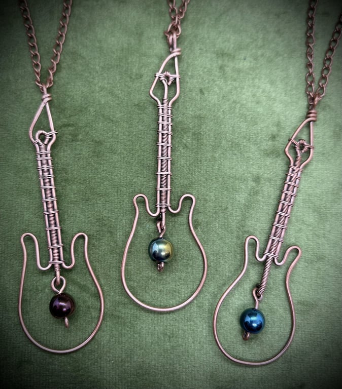 Antique copper wire wrapped Guitar pendants with Hematite - 3 options