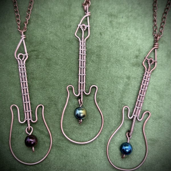 Antique copper wire wrapped Guitar pendants with Hematite - 3 options