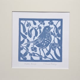 Mistle Thrush in Mistletoe - Handmade - Open Edition - Signed - Lino print.