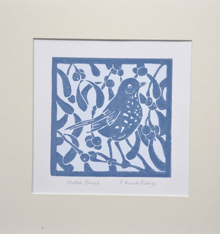 Mistle Thrush in Mistletoe - Handmade - Open Edition - Signed - Lino print.