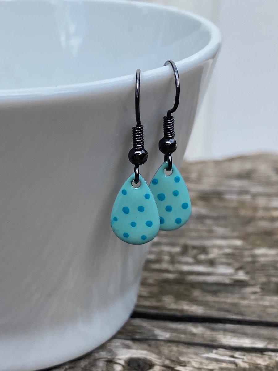 Double Turquoise Spot Enamel Teardrop Earrings. Sterling silver available