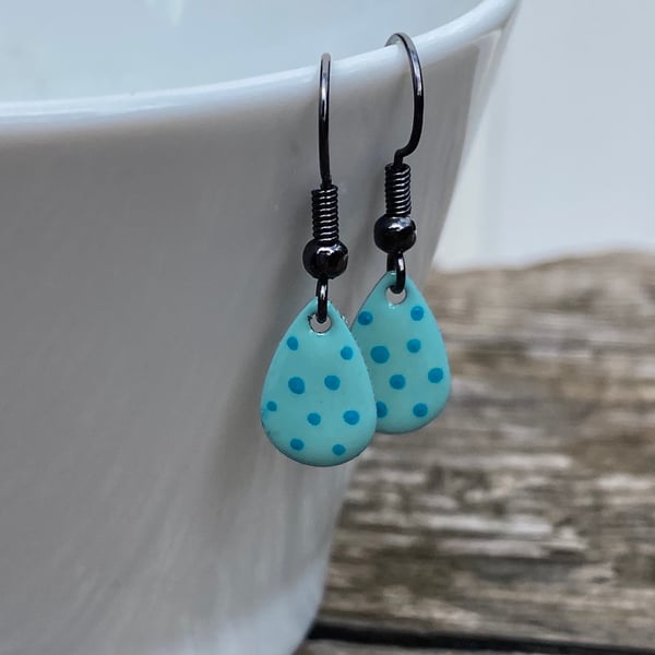 Double Turquoise Spot Enamel Teardrop Earrings. Sterling silver available