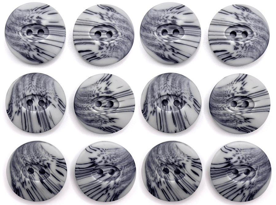 12 Natural Finish Buttons, 23mm Wide, Oval Centre, Grey Variegated Stripes