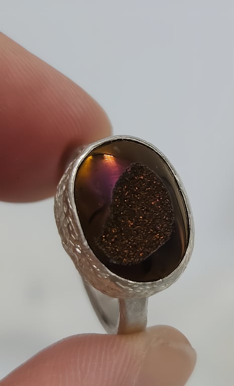 Bronze Glow Druzy Organic Silver Ring : Size K