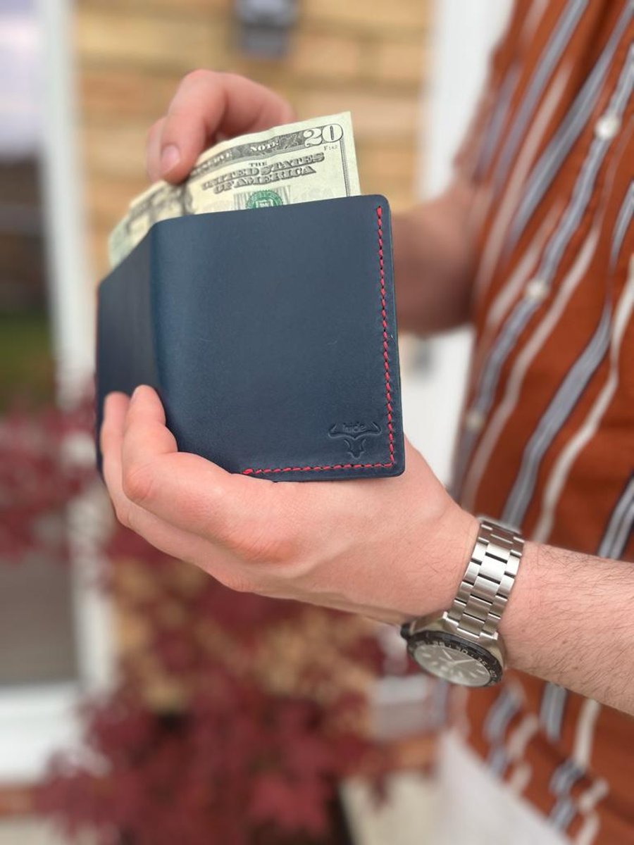 Leather wallet blue bifold for cash and cards