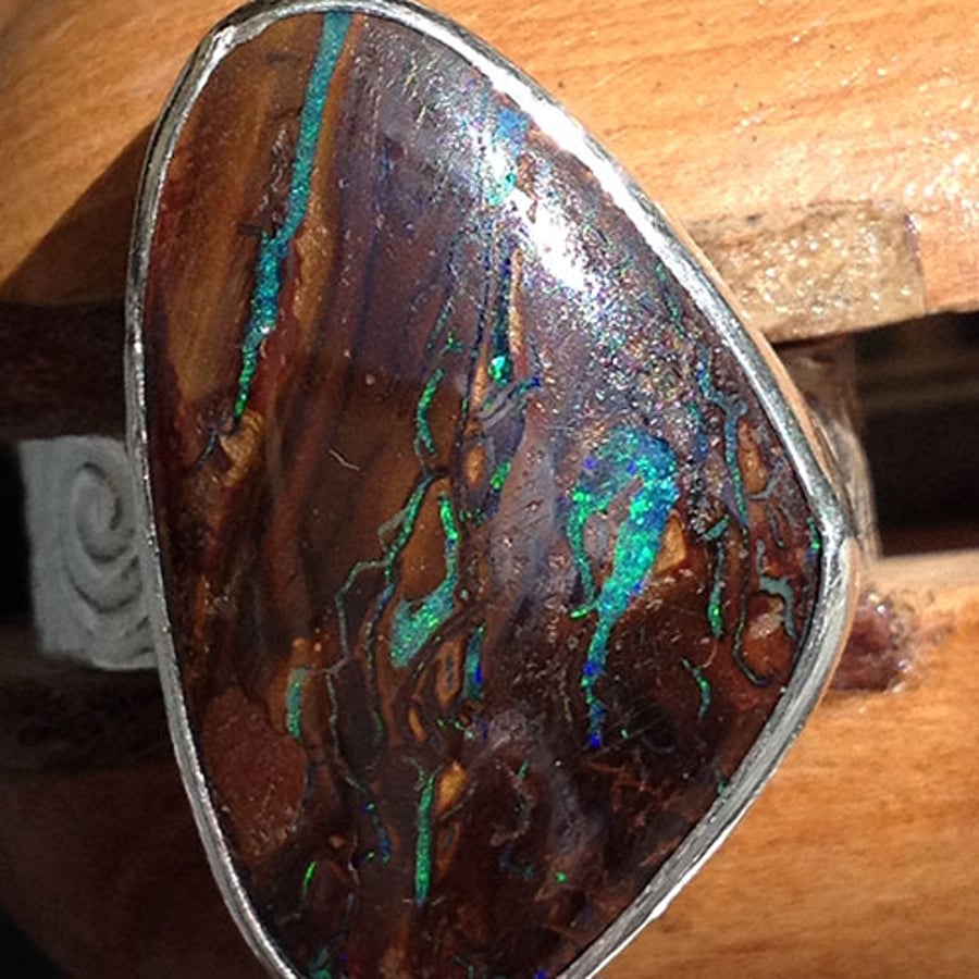 Man's chunky Boulder opal and silver ring