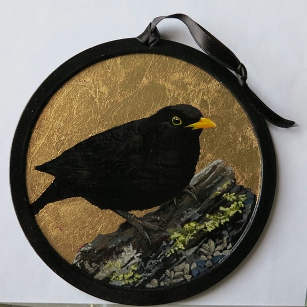 Blackbird oil painting on hanging round panel