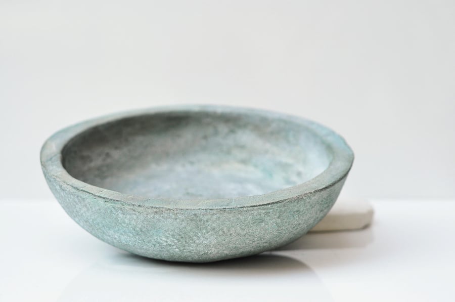Rustic Handmade Concrete Bowl - Green Grey Imperfect Large Fruit Bowl Minimalist
