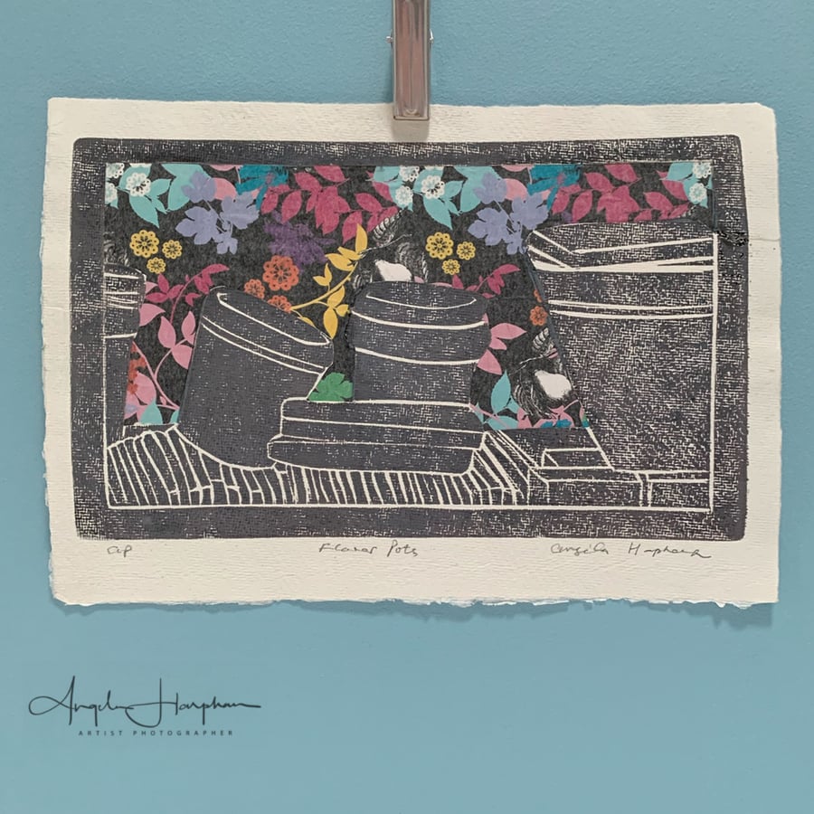 Original Lino Print with Floral Tissue Background - Flower Pots