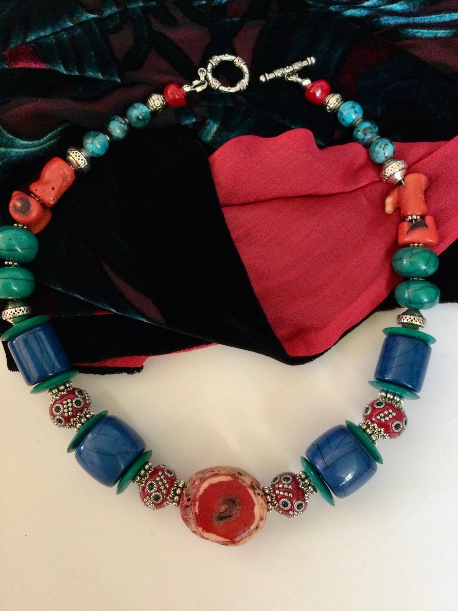 Dramatic coral, resin and Tibetan silver necklace 