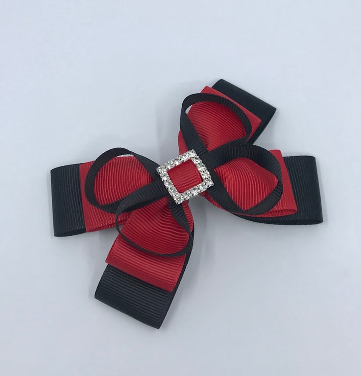 Black and Red Double Layer Bow with Black Loops on Clip