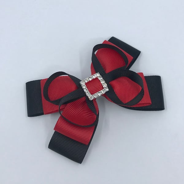 Black and Red Double Layer Bow with Black Loops on Clip