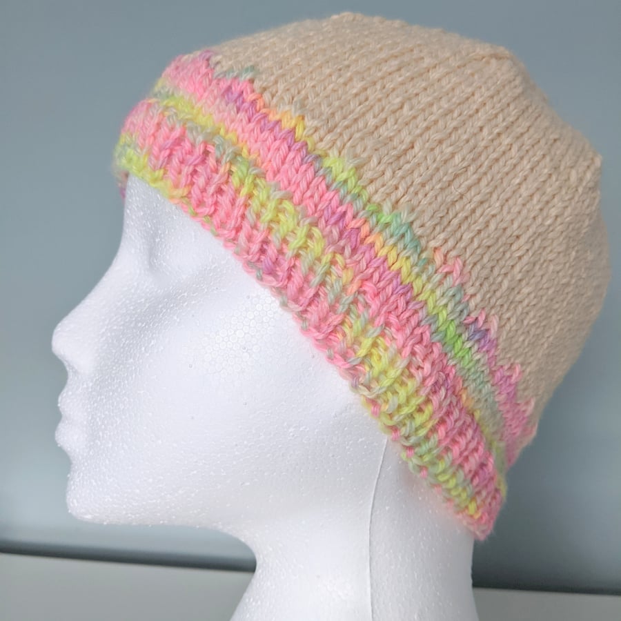 SALE Handknitted woolly hat in cream and pastels