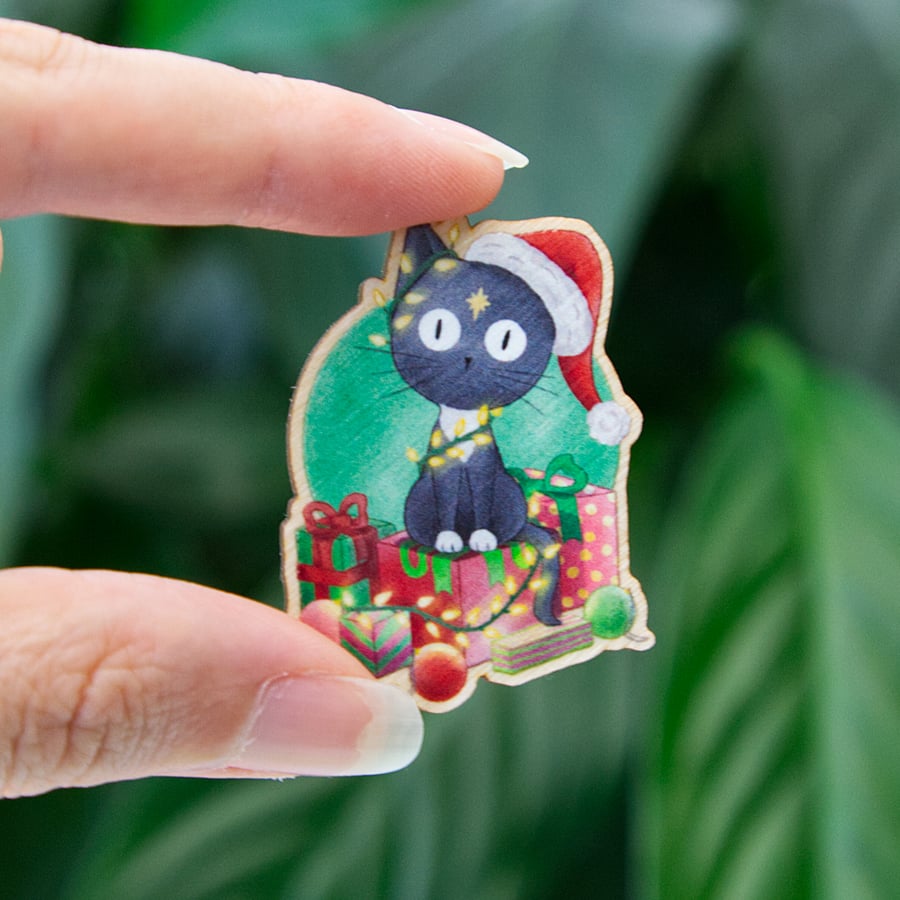 Christmas Santa Cat Wooden Pin Badge Xmas Cat Lover Gift