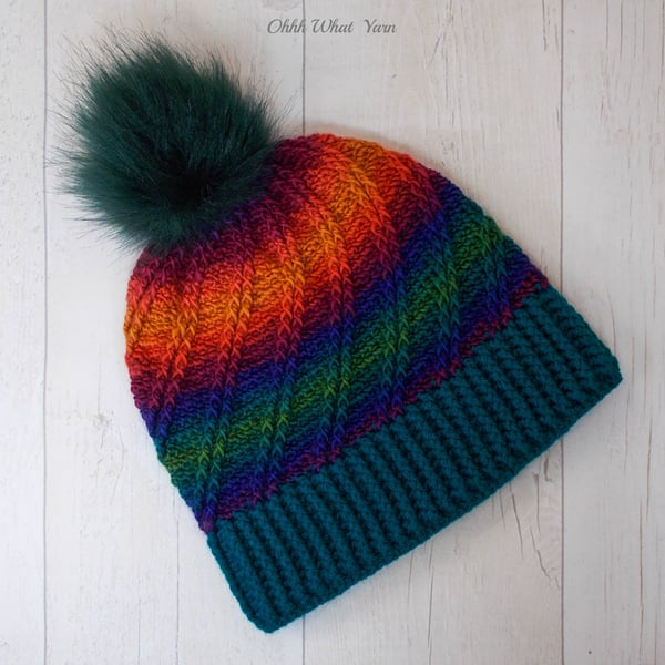 Rainbow ombre ladies swirl pom pom hat. Crochet hat. Ladies hat.