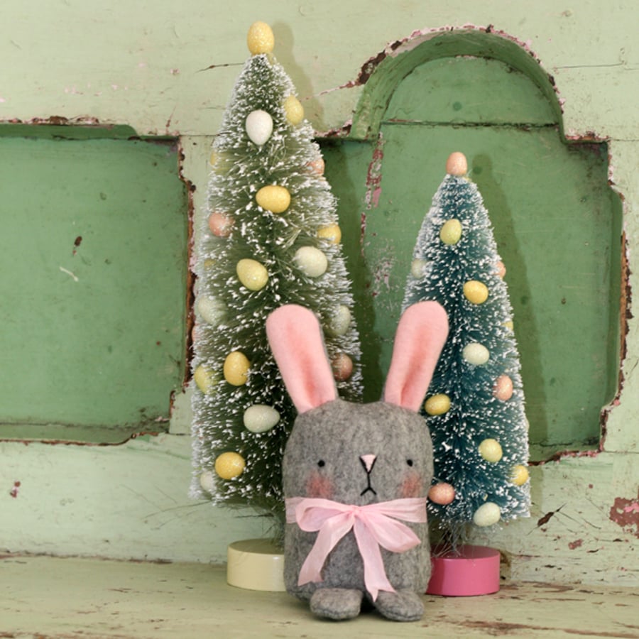 Sweet Grey wool felt Easter bunny rabbit pink bow