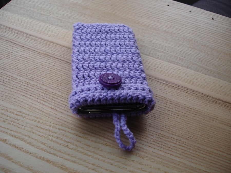 Crochet Mobile Phone Cosy with Button in Lilac