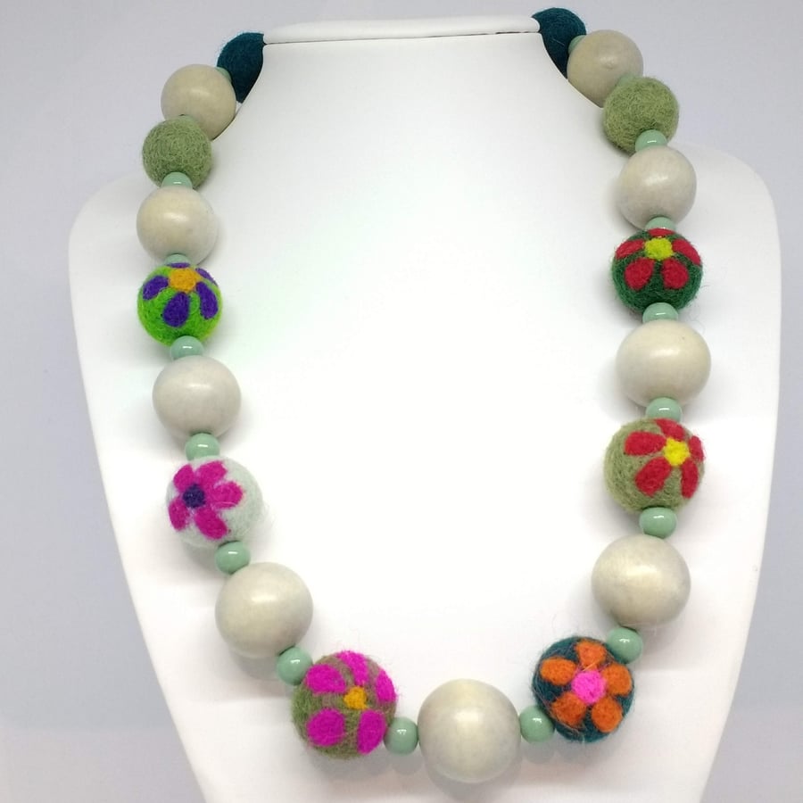 Green Flowered Felt Beads with Grey Wood Beads Necklace