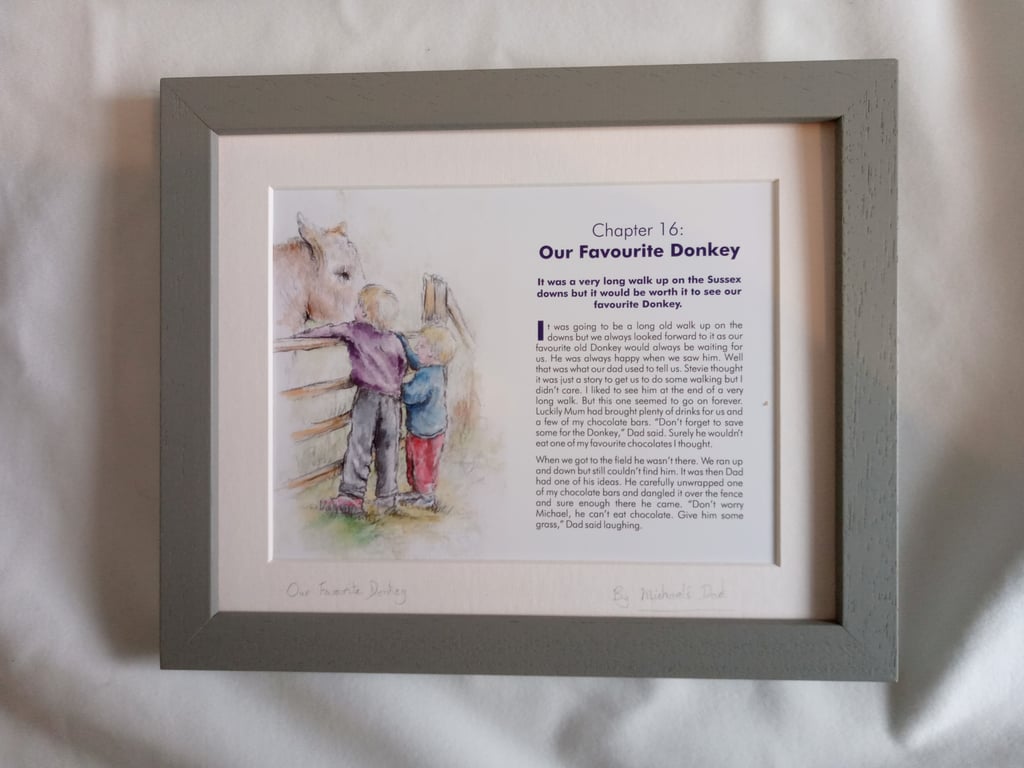 Watercolour print of a Sussex Downs Donkey being fed by children.
