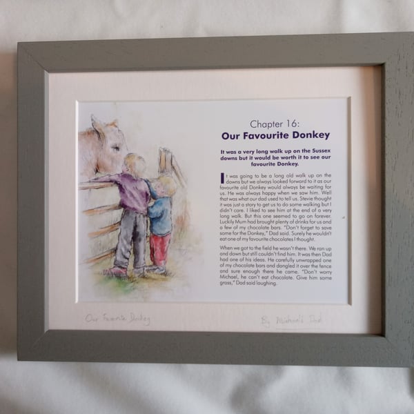 Watercolour print of a Sussex Downs Donkey being fed by children.