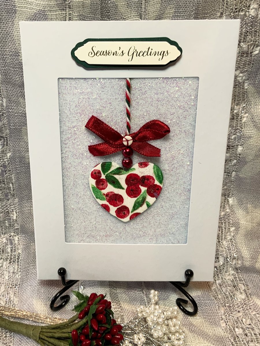 Holly & Berry Heart Bauble Christmas Card