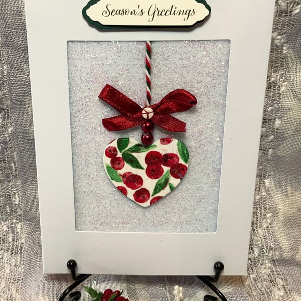 Holly & Berry Heart Bauble Christmas Card