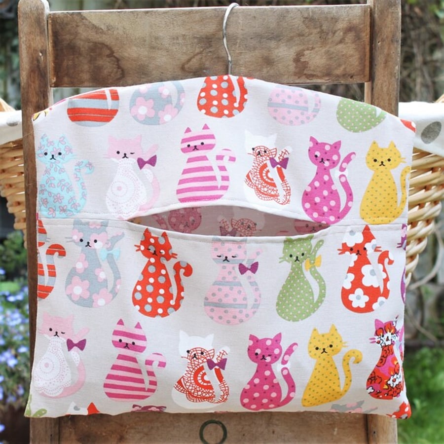 Colourful Cats Print Peg Bag in Light Grey Cotton Fabric