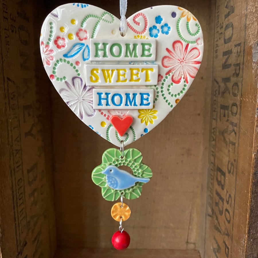 Ceramic heart hanging decoration Pottery Heart  Home Sweet Home