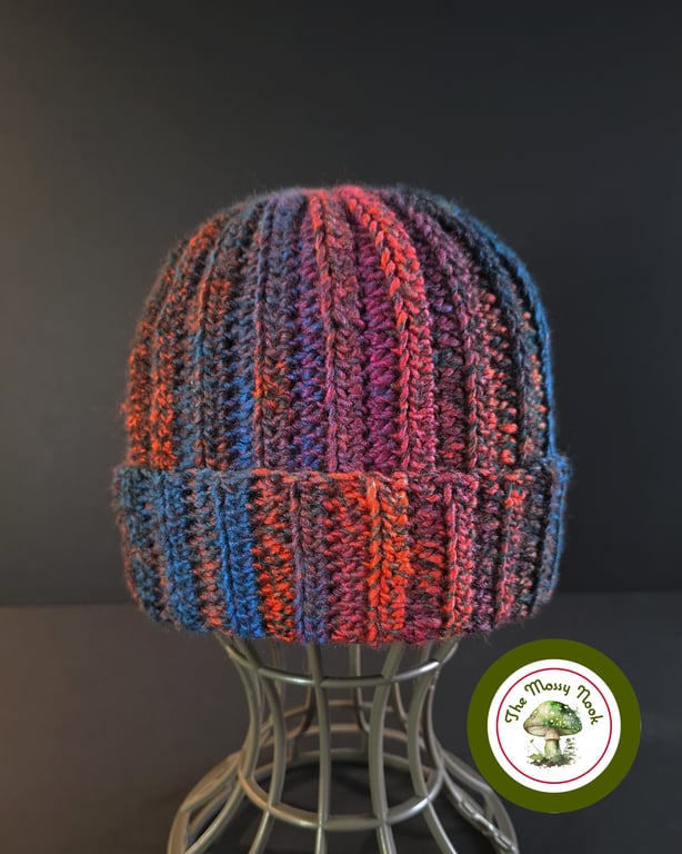 Ribbed Beanie Hat, Cuffed. Unisex. Handmade Crochet. Striped. 