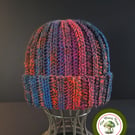 Ribbed Beanie Hat, Cuffed. Unisex. Handmade Crochet. Striped. 