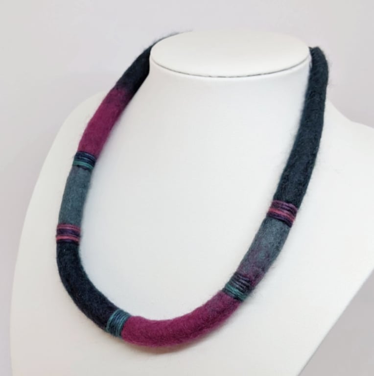 Felted cord necklace - shades of dark duck egg and magenta