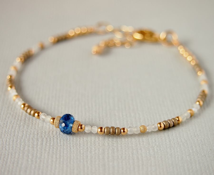 Gemstone Skinny Bracelet - Blue Kyanite  - Moonstone Bracelet - Gold Filled