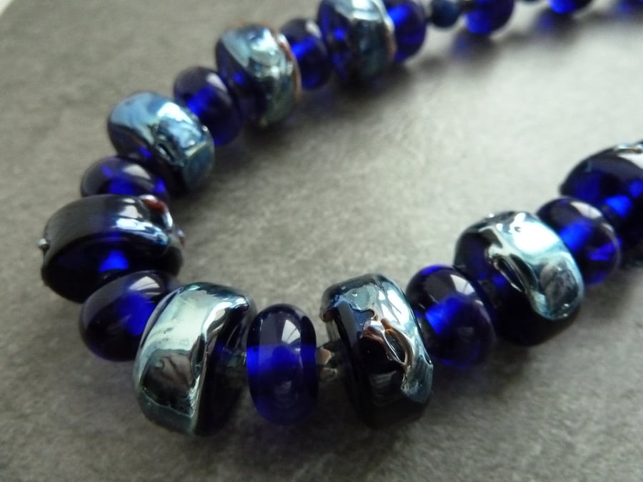 lampwork glass necklace, blue and silver