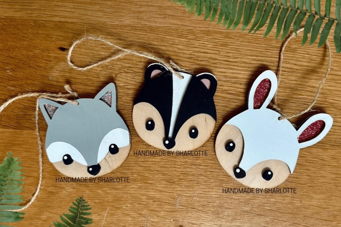 Wooden woodland wildlife, fox, badger, rabbit hanging ornament