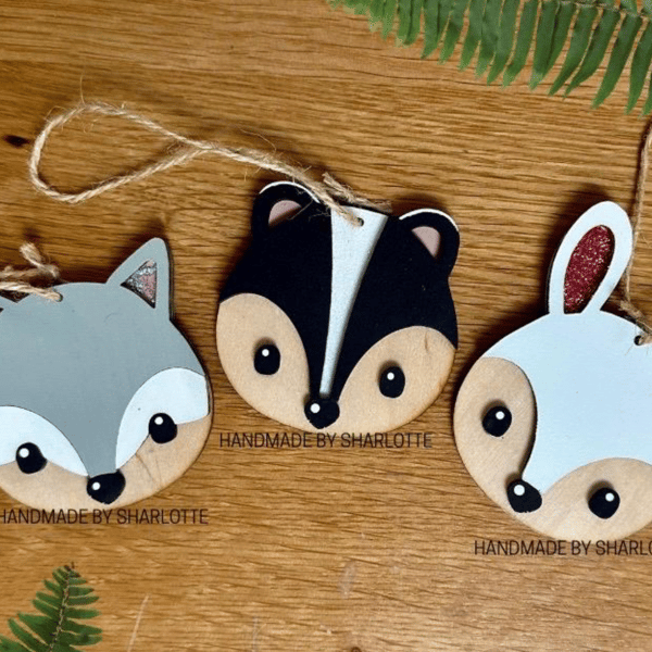 Wooden woodland wildlife, fox, badger, rabbit hanging ornament