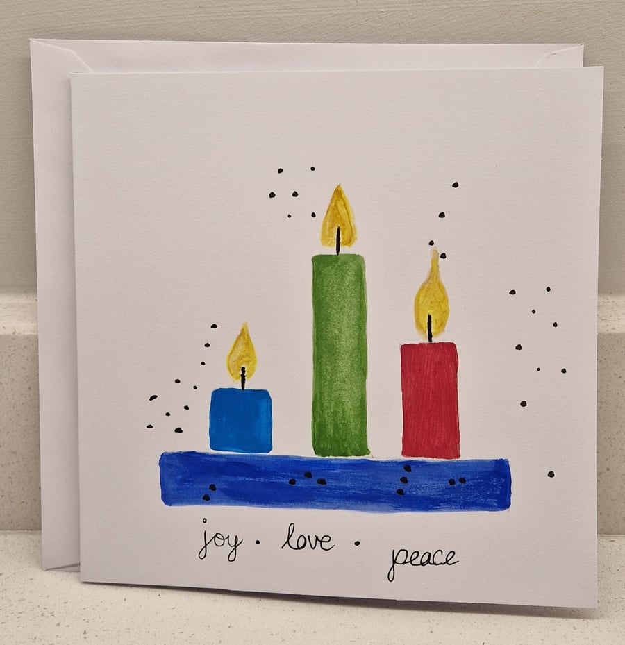 Joy Love Peace watercolour burning candles Christmas Card handmade