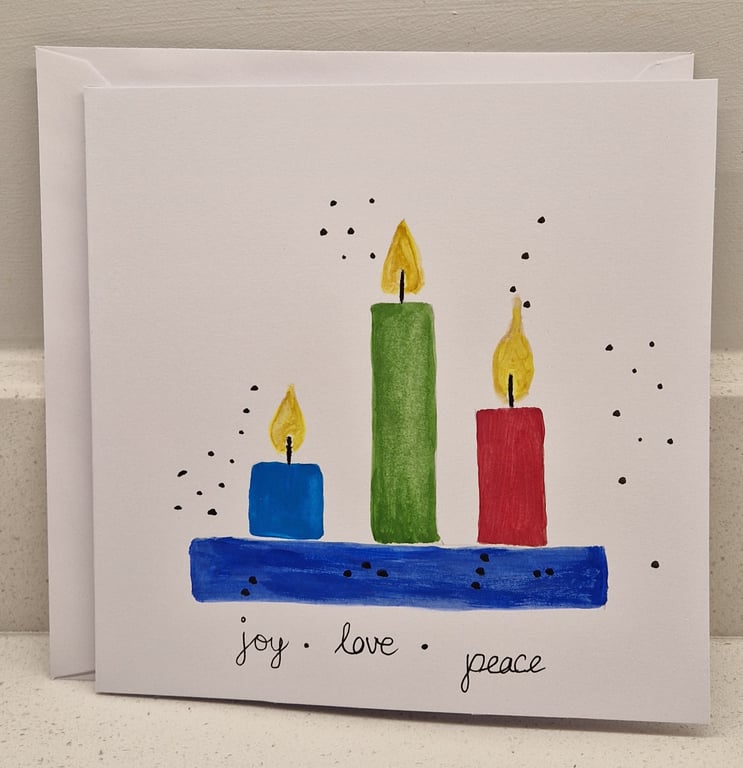 Joy Love Peace watercolour burning candles Christmas Card handmade
