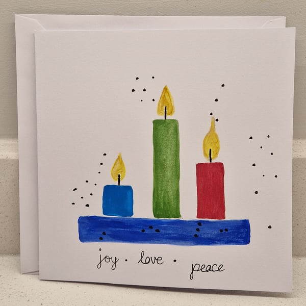 Joy Love Peace watercolour burning candles Christmas Card handmade