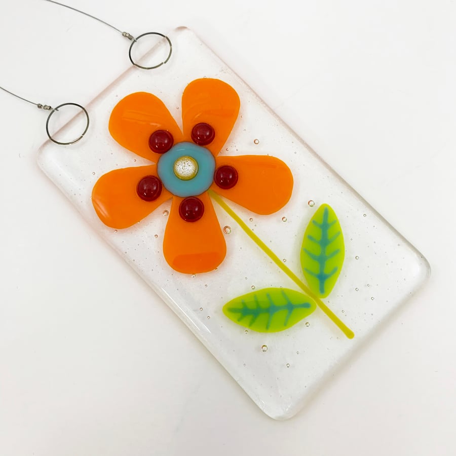 Fused Glass Retro Orange Flower Hanging - Handmade Glass Suncatcher