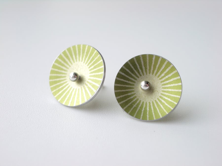 Lime green and silver sunburst circle studs