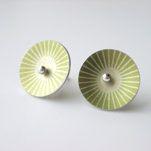 Lime green and silver sunburst circle studs