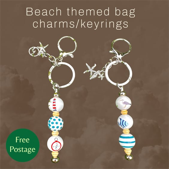 Bag charm key rings, beach, holiday, seaside lighthouse,wooden beads and charms 