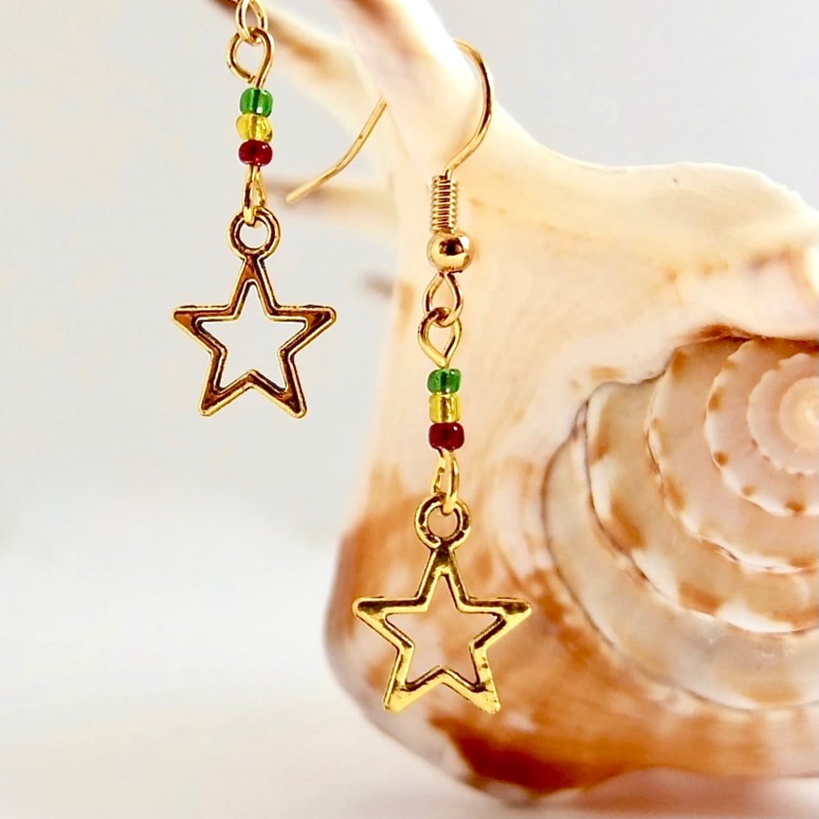 Christmas Star Earrings With Glass Beads - Handmade In Devon - Free UK P&P